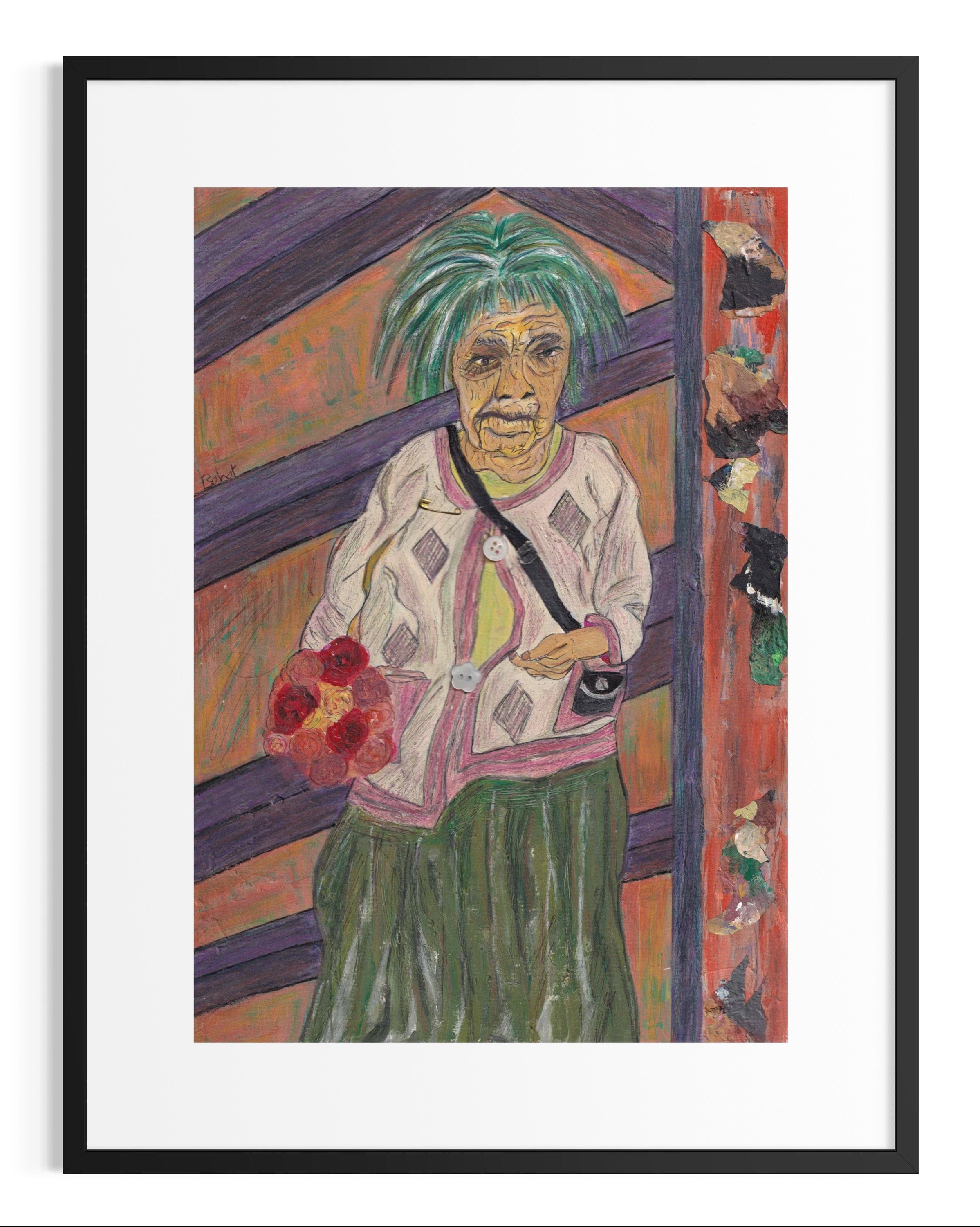 Framed artwork of a person with green hair holding flowers, against a colorful background.